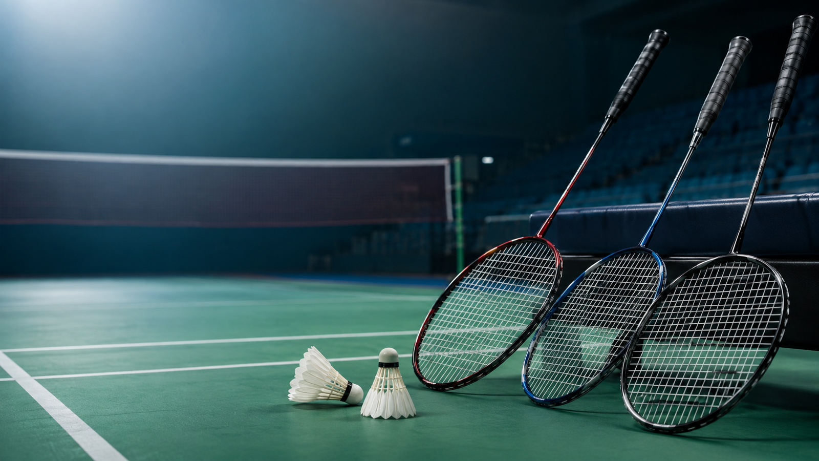 Selection of professional badminton rackets and shuttlecocks arranged on an indoor badminton court