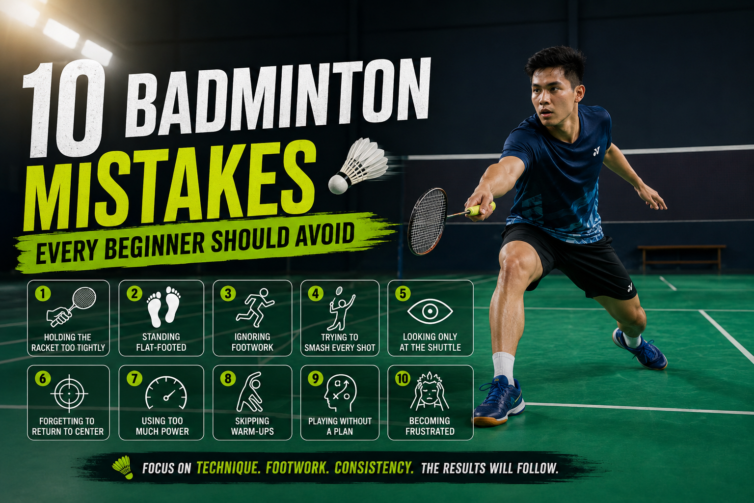 A beginner badminton player practicing proper footwork and racket technique on an indoor badminton court.