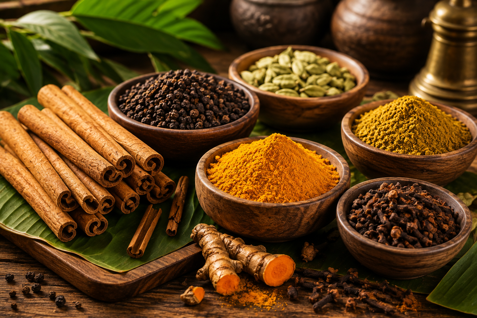 Traditional Sri Lankan spices including Ceylon cinnamon, black pepper, turmeric, cloves, and cardamom displayed on a rustic wooden table.