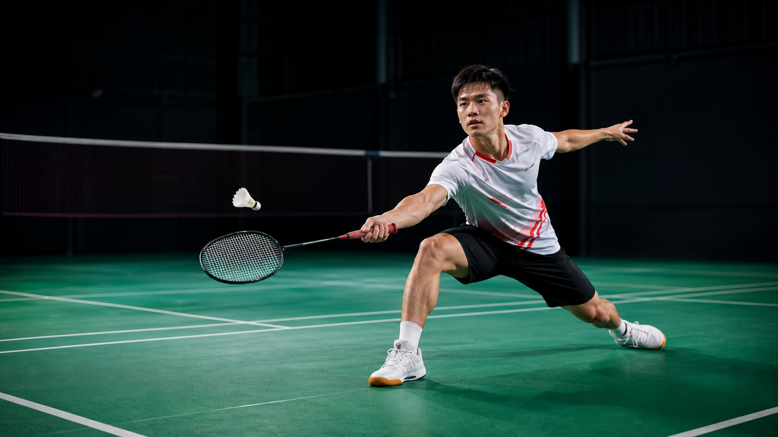 Badminton player performing a fast footwork drill on a professional indoor court