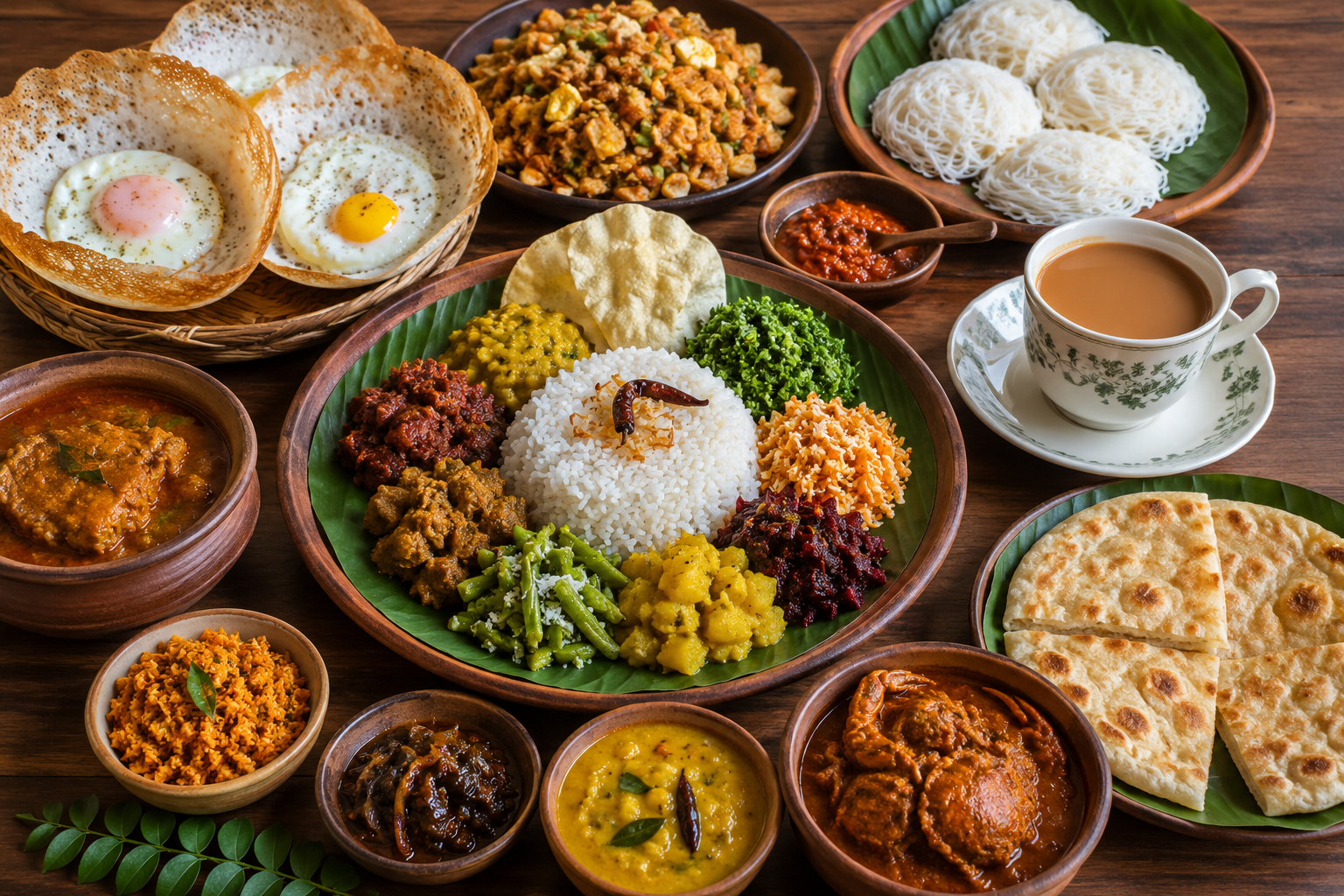 Traditional Sri Lankan rice and curry served with hoppers, kottu roti, sambols, and Ceylon tea on a wooden table.