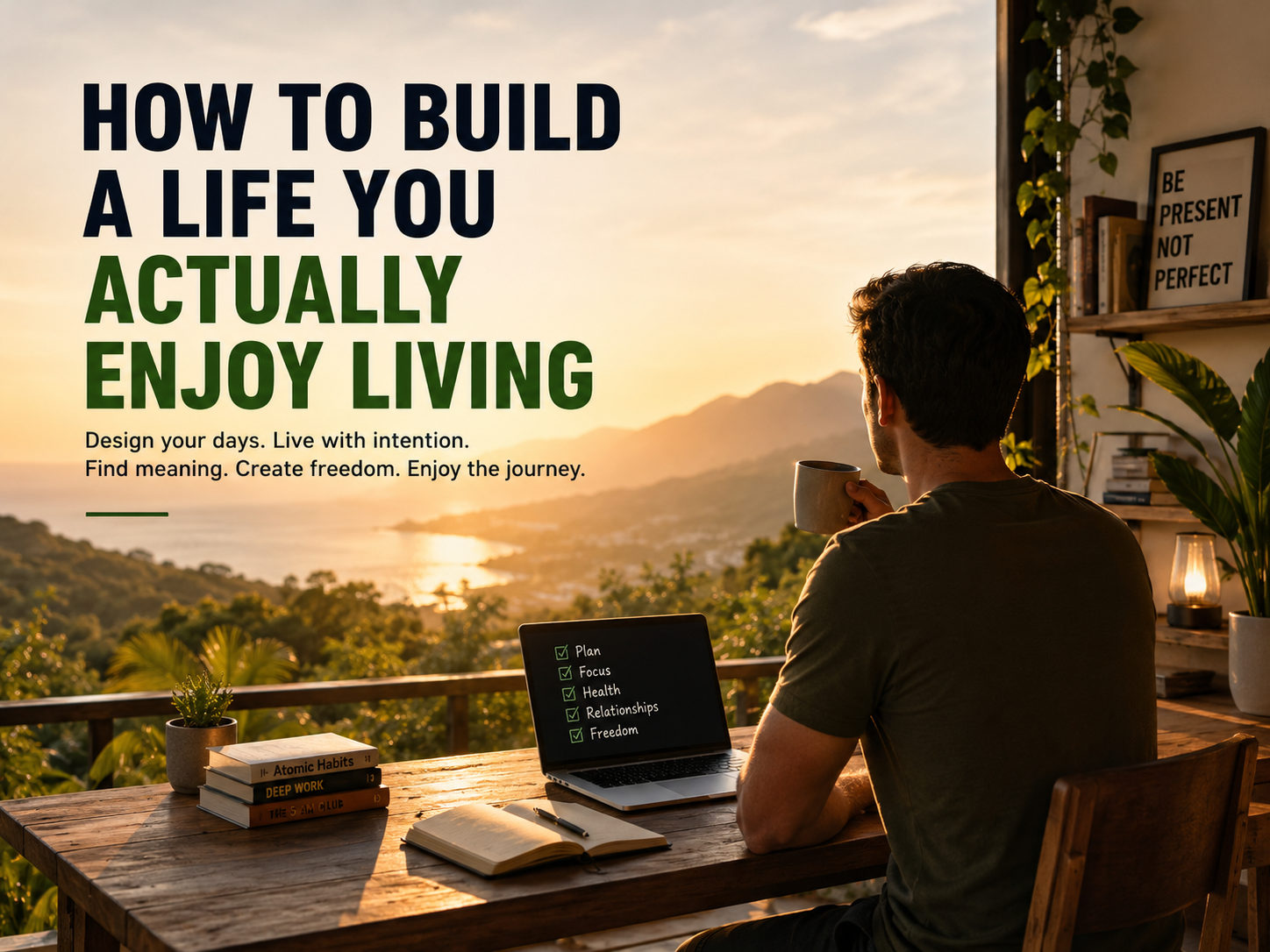 A calm modern workspace and living space representing intentional living, balance, freedom, and a fulfilling everyday life